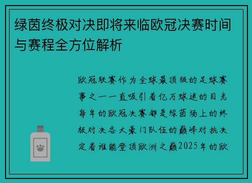 绿茵终极对决即将来临欧冠决赛时间与赛程全方位解析