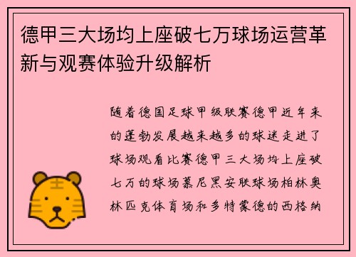德甲三大场均上座破七万球场运营革新与观赛体验升级解析